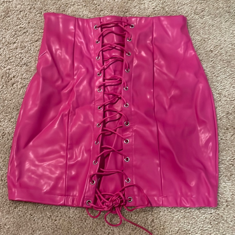 Pink leather skirt with tie down middle